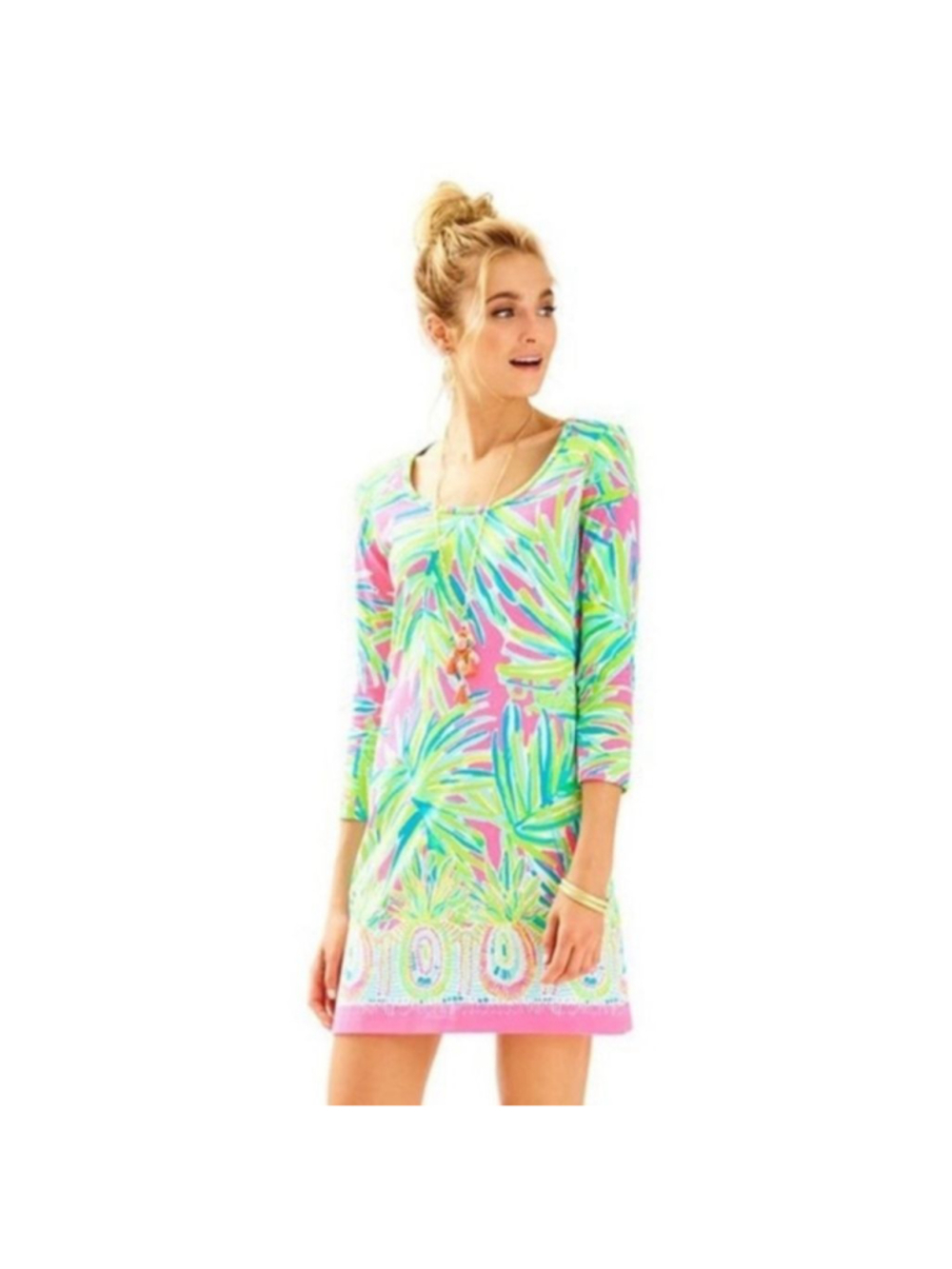LILLY PULITZER Beacon Dress Tiki Pink Palm Leaves Pineapple Print Pima‎ Cotton S